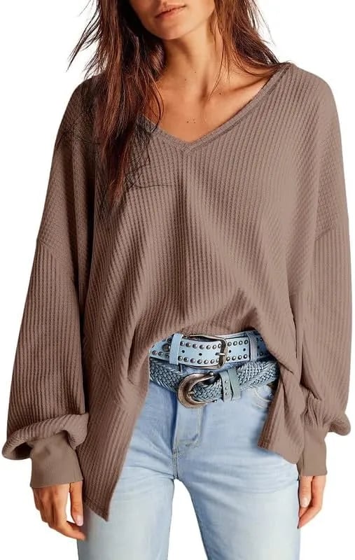🔥Early Fall Sale-69% OFF Today🔥Women's Waffle Knit Tops Long Lantern Sleeve Casual Blouses