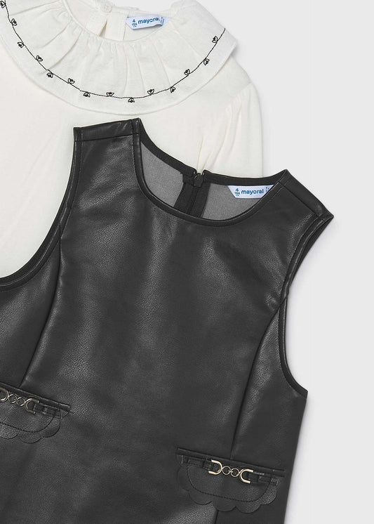 Faux leather dress with a girl's blouse