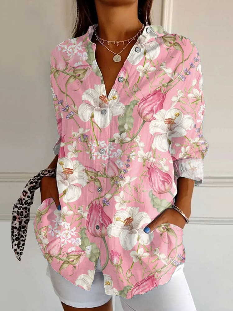 Elegantes Leinen-V-Shirt mit Lilien-Rosen-Kunstdruck für Damen