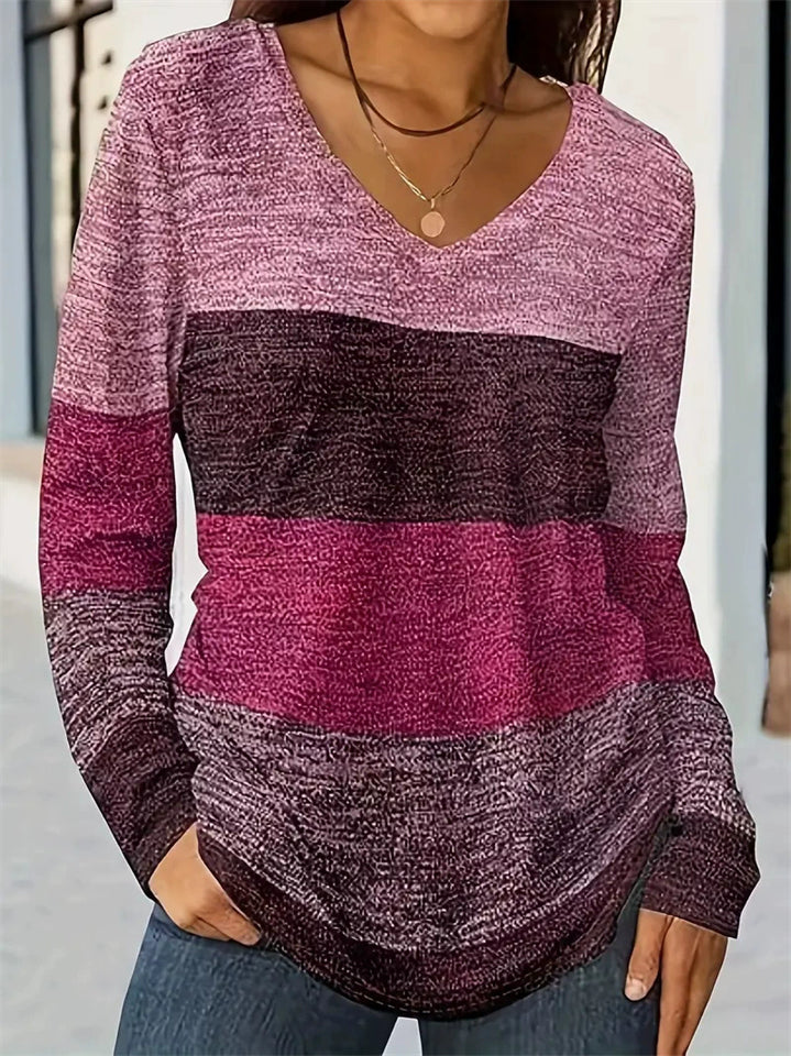 Damen-T-Shirts in großen Größen, lässig, kontrastfarben, V-Ausschnitt, Langarm