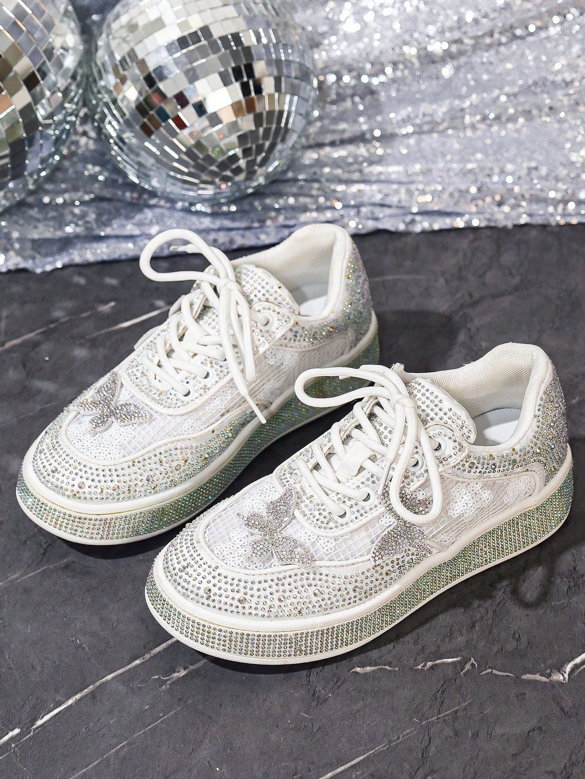 Comfortable Ultra-Light Fully Rhinestoned White Sneakers
