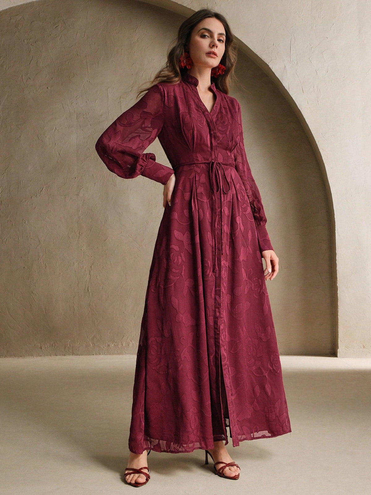 Elegant Floral V-Neck Lantern Sleeve Waist Cinched Dress