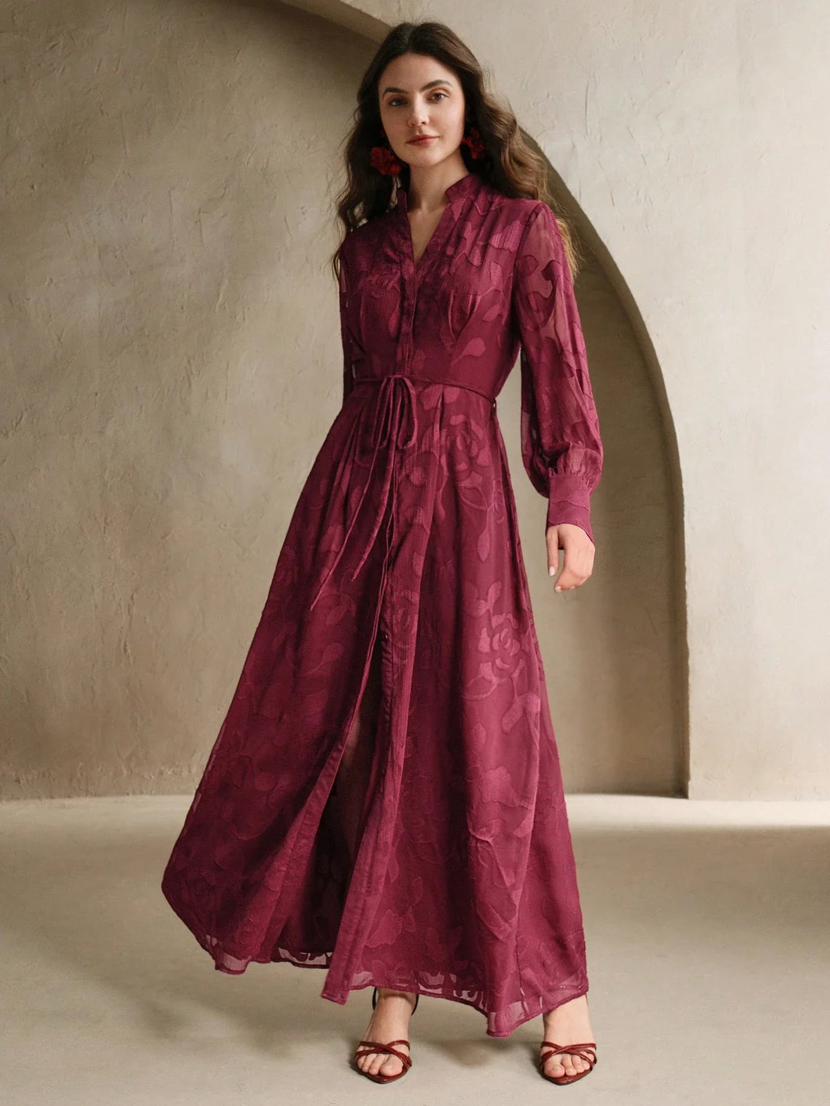 Elegant Floral V-Neck Lantern Sleeve Waist Cinched Dress