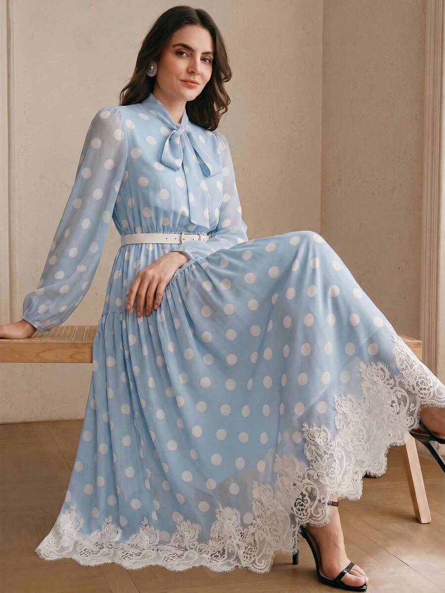 Elegantes Damen-Kleid aus Chiffon mit Polka-Dot-Muster, Spitzendetails und Bindegürtel