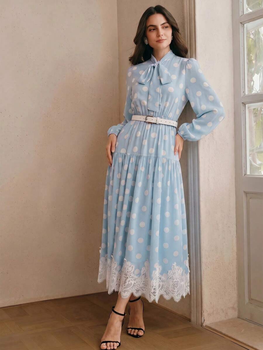 Elegantes Damen-Kleid aus Chiffon mit Polka-Dot-Muster, Spitzendetails und Bindegürtel