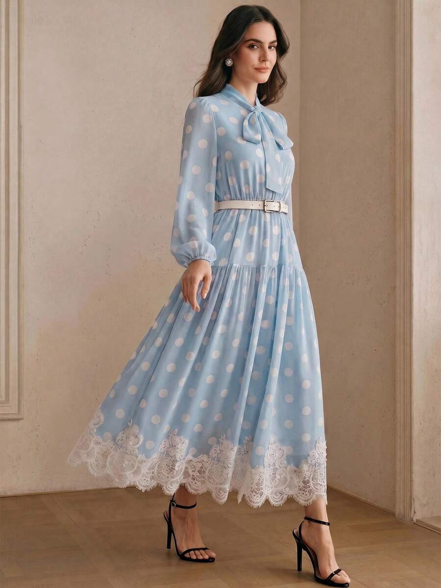 Elegantes Damen-Kleid aus Chiffon mit Polka-Dot-Muster, Spitzendetails und Bindegürtel