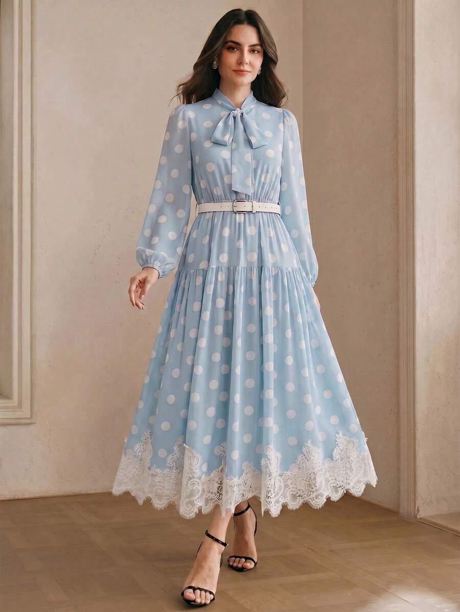 Elegantes Damen-Kleid aus Chiffon mit Polka-Dot-Muster, Spitzendetails und Bindegürtel