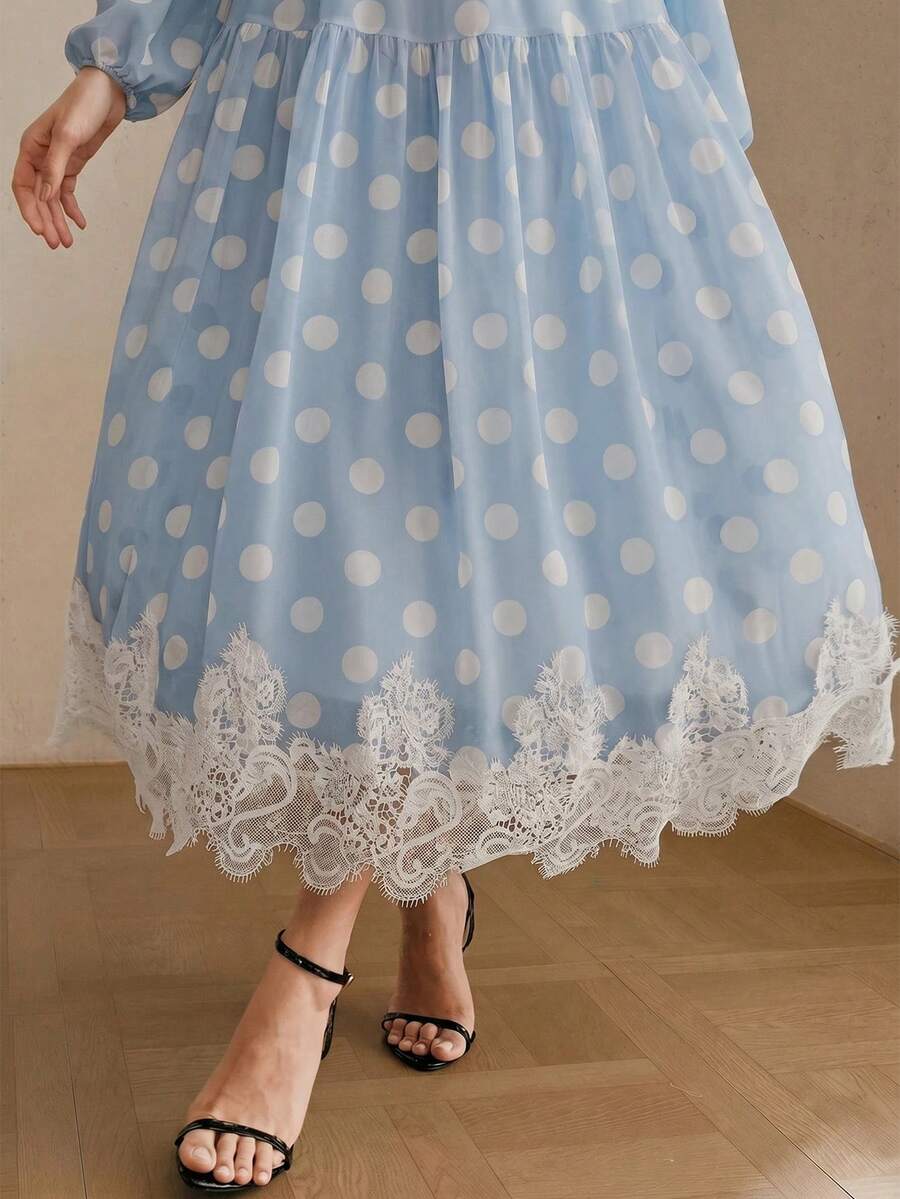Elegantes Damen-Kleid aus Chiffon mit Polka-Dot-Muster, Spitzendetails und Bindegürtel