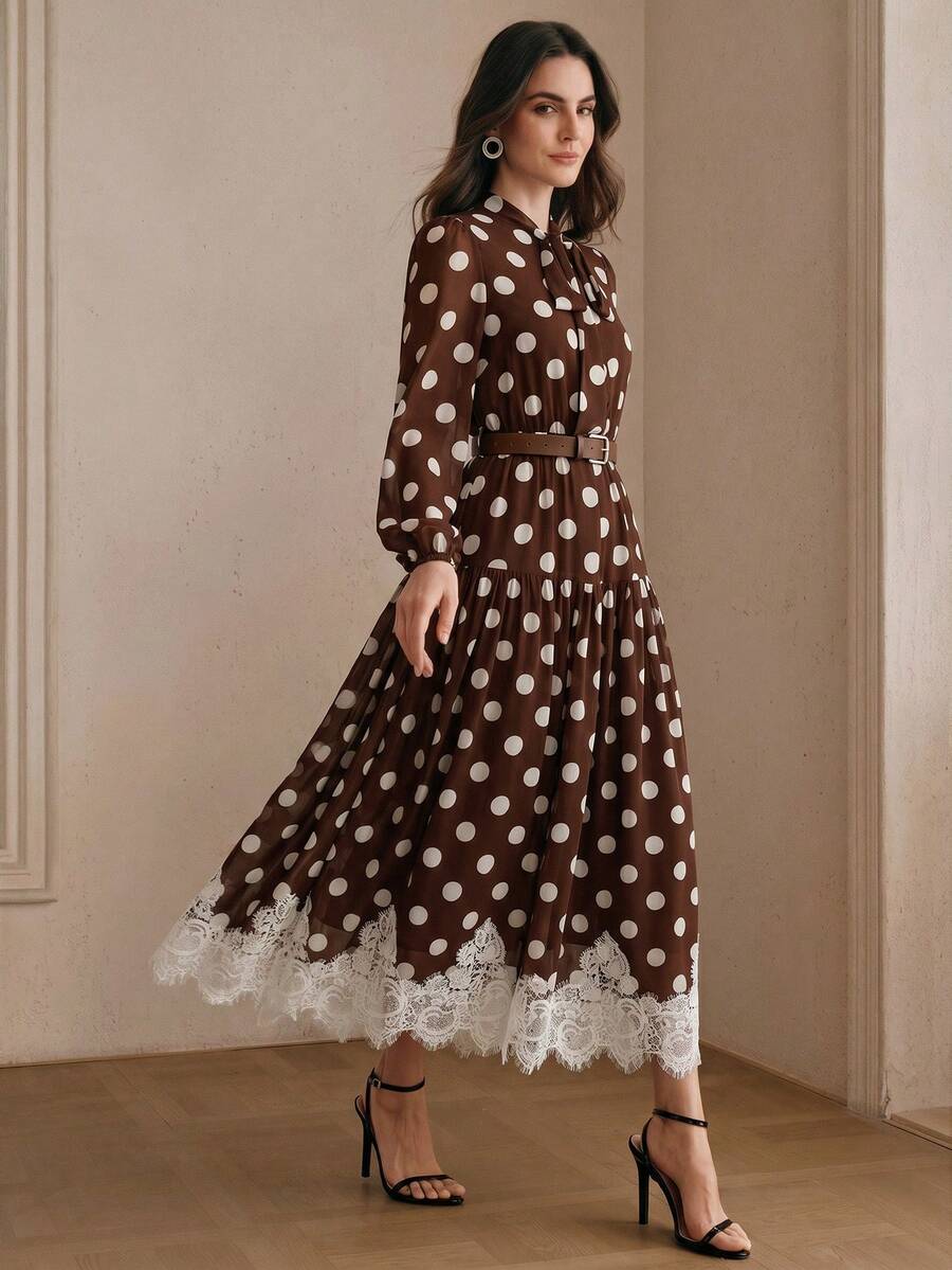 Elegantes Damen-Kleid aus Chiffon mit Polka-Dot-Muster, Spitzendetails und Bindegürtel