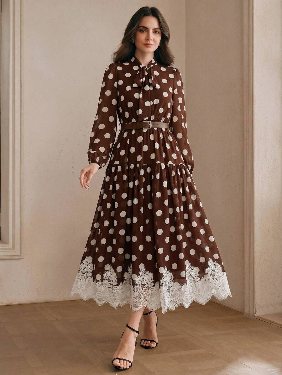 Elegantes Damen-Kleid aus Chiffon mit Polka-Dot-Muster, Spitzendetails und Bindegürtel