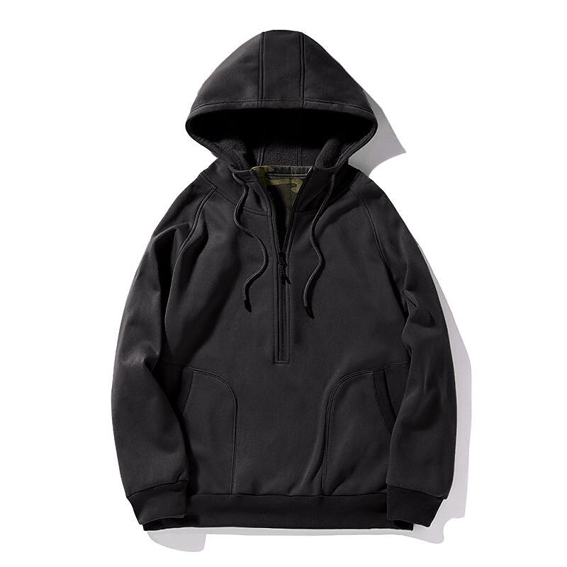 Herren Trendiger Pullover mit gebürstetem V-Reißverschluss, Camouflage-Patchwork und Kapuze