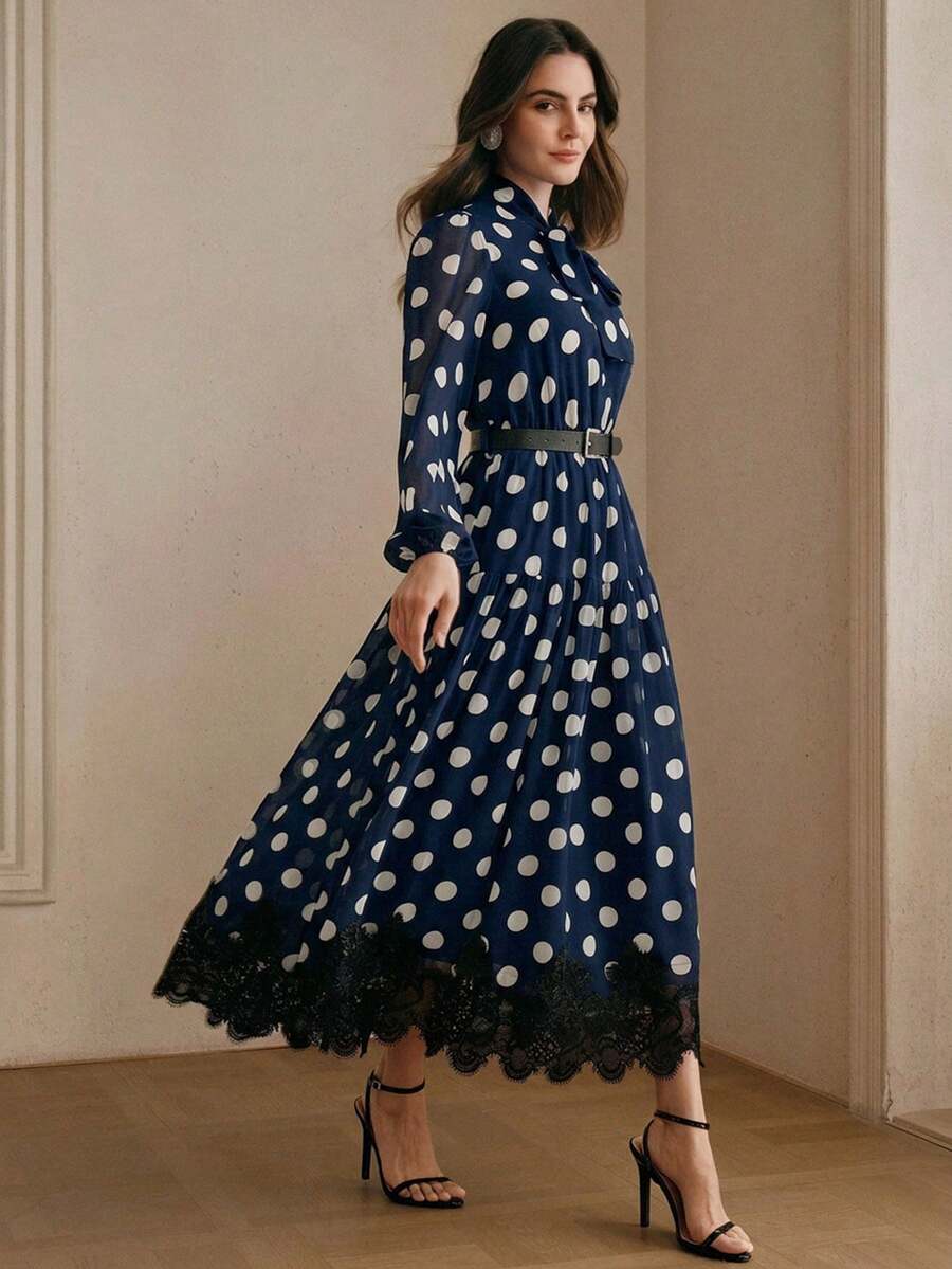 Elegantes Damen-Kleid aus Chiffon mit Polka-Dot-Muster, Spitzendetails und Bindegürtel
