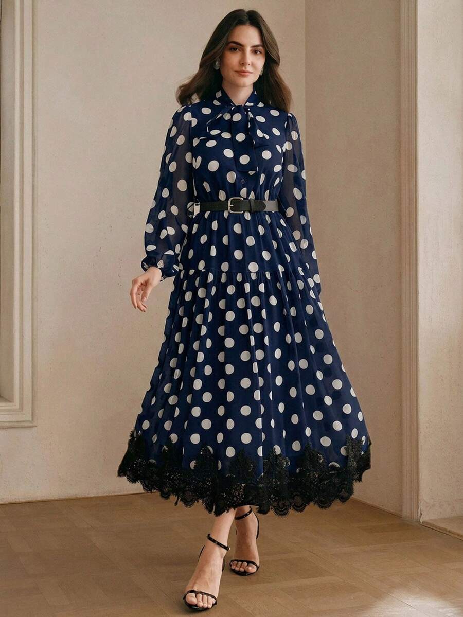 Elegantes Damen-Kleid aus Chiffon mit Polka-Dot-Muster, Spitzendetails und Bindegürtel