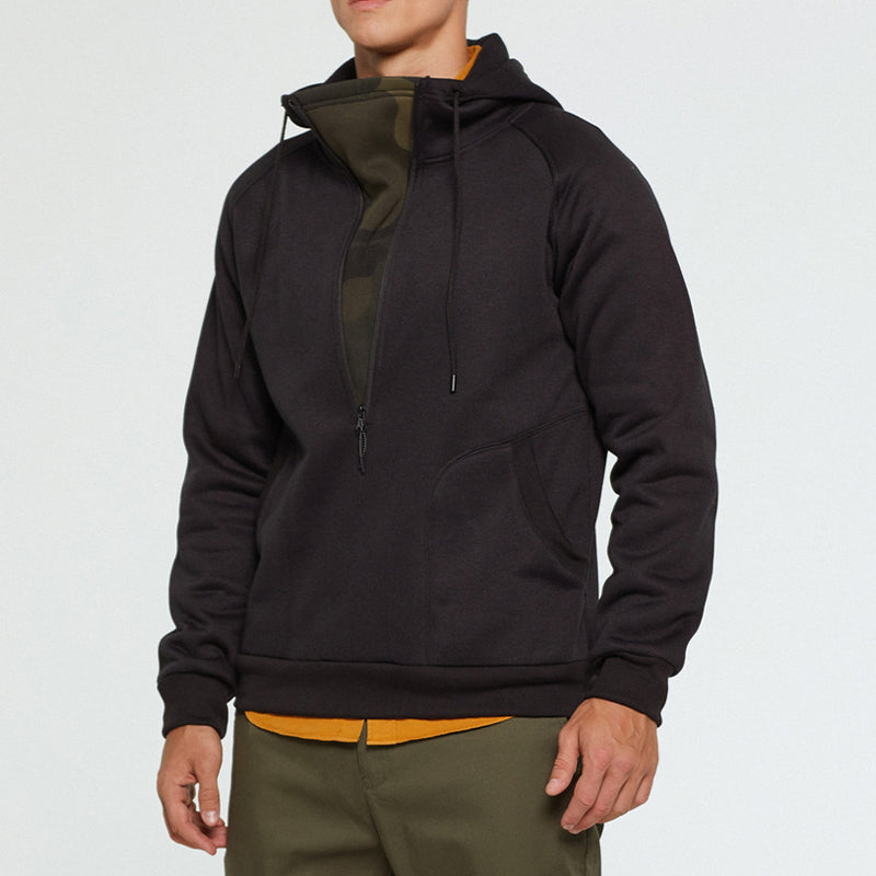 Herren Trendiger Pullover mit gebürstetem V-Reißverschluss, Camouflage-Patchwork und Kapuze