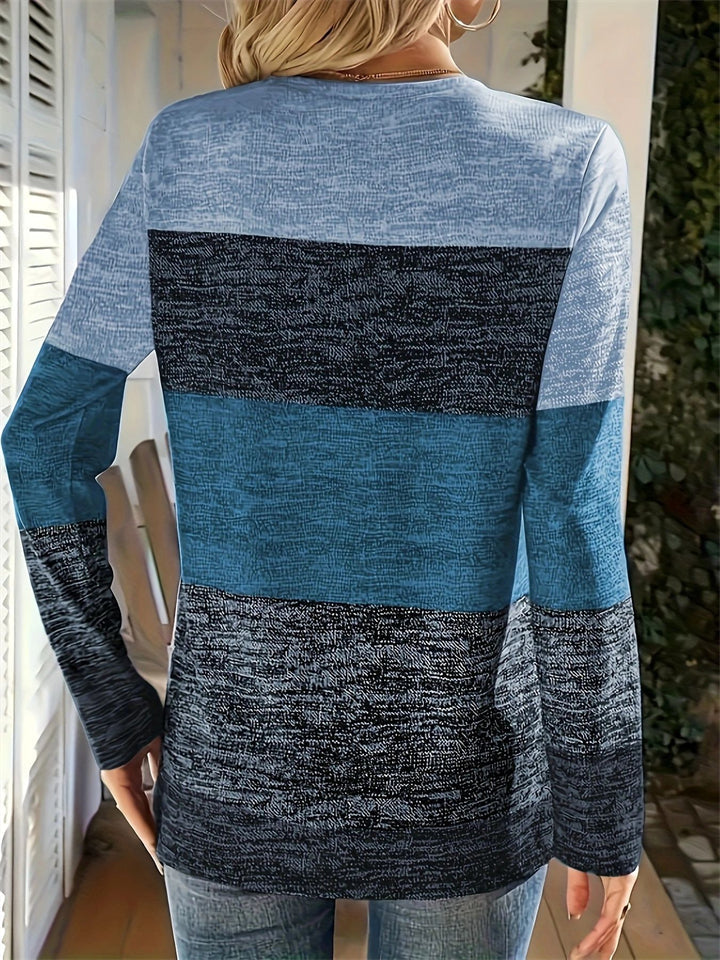 Damen-T-Shirts in großen Größen, lässig, kontrastfarben, V-Ausschnitt, Langarm