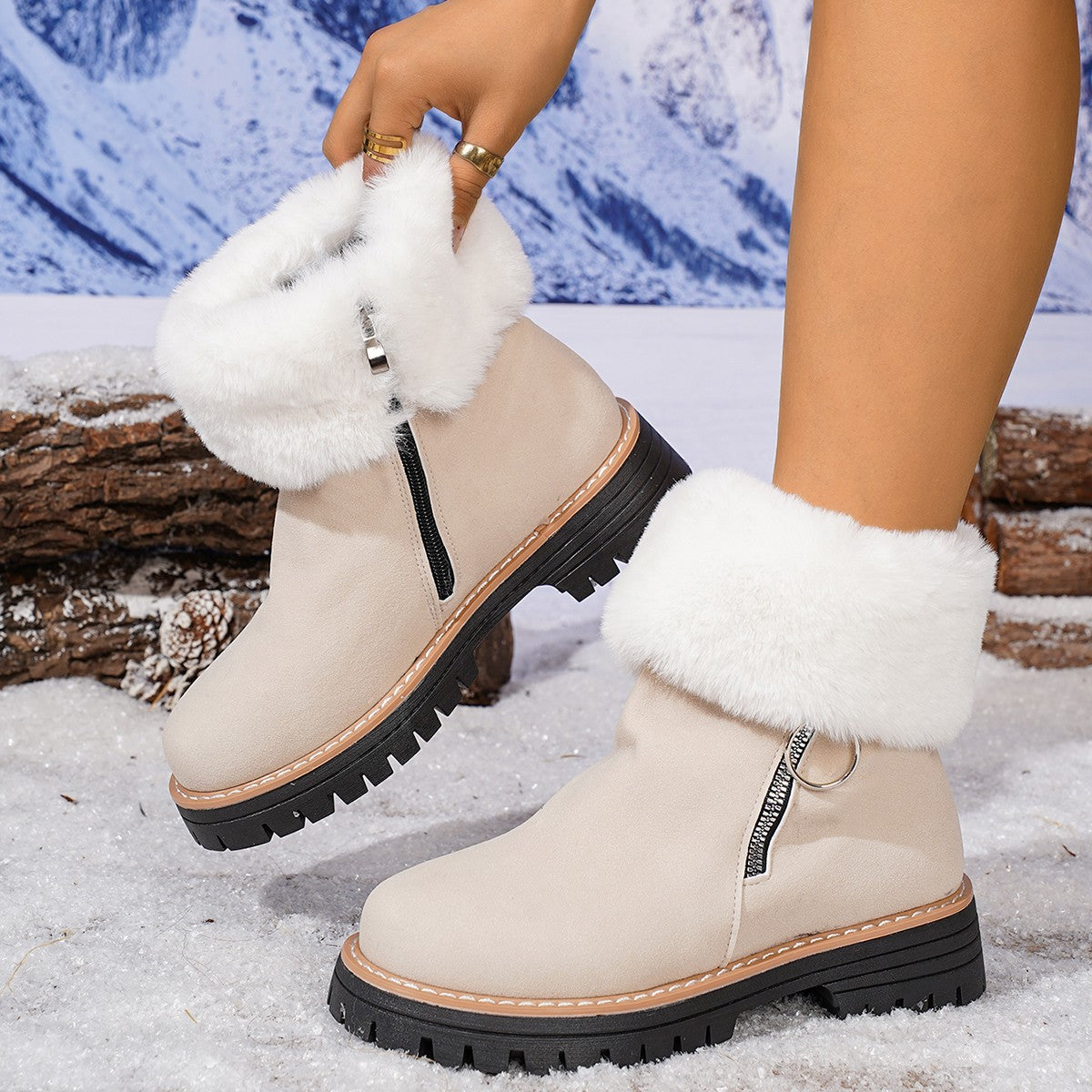 Women's winter side-zipper fleece-lined warm snow boots
