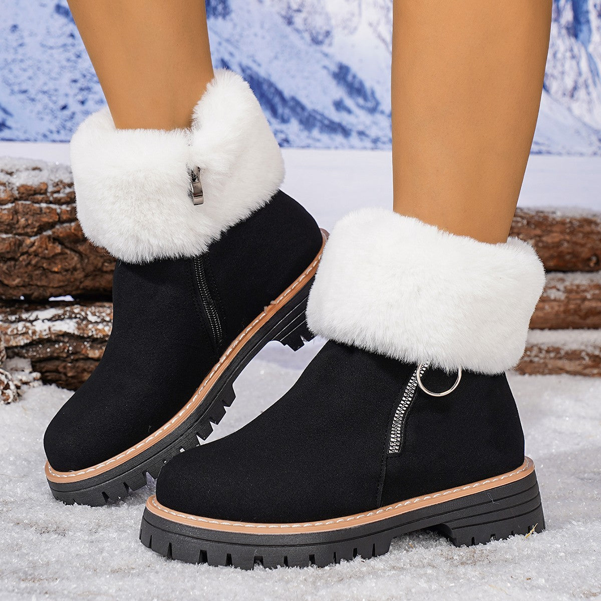 Women's winter side-zipper fleece-lined warm snow boots