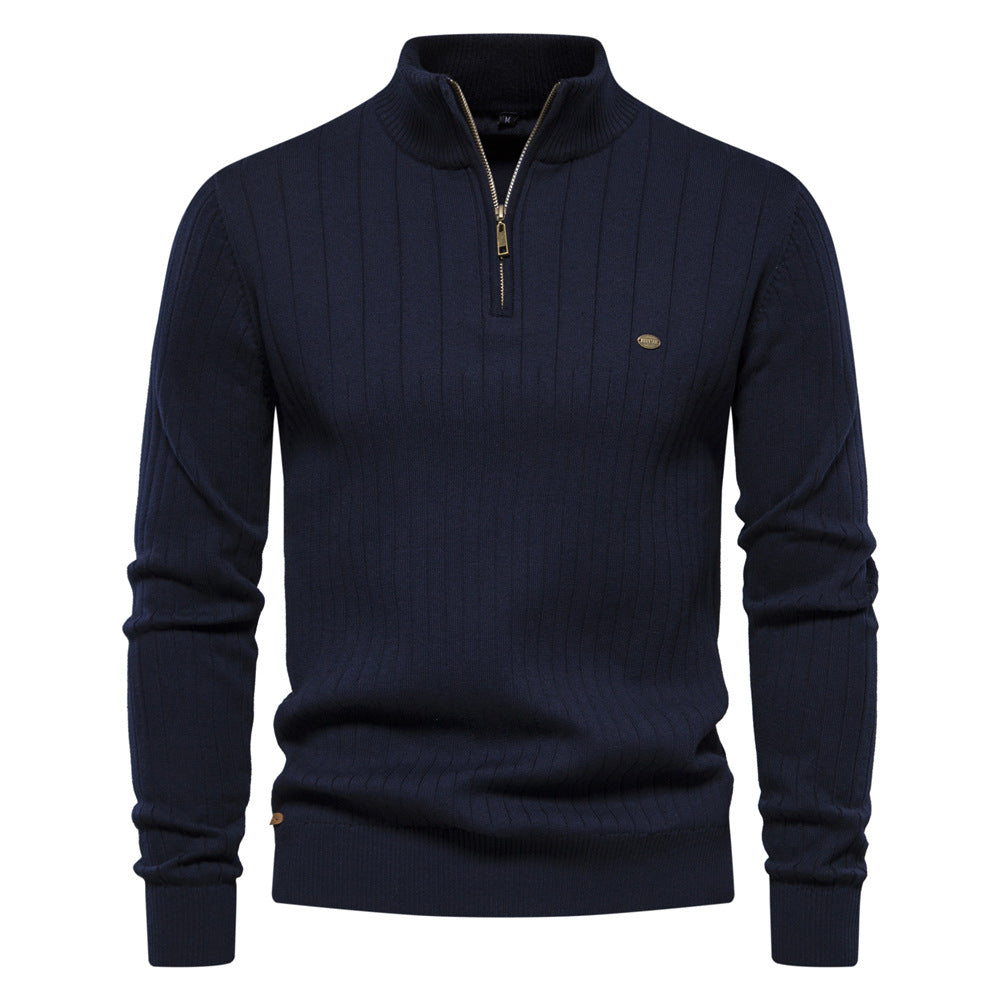 Men's Casual Cotton Half Zipper Stand Collar Pullover Sweater
