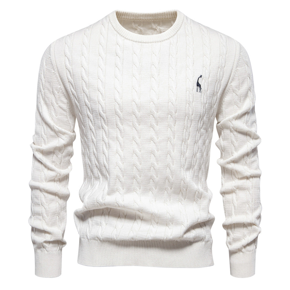 Men's Round Neck Twist Patterned Giraffe Embroidery Sweater