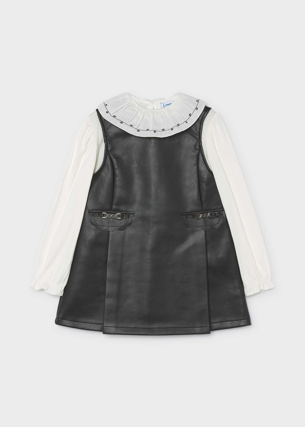 Faux leather dress with a girl's blouse