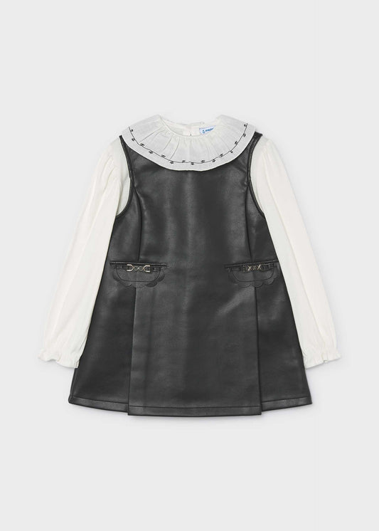 Faux leather dress with a girl's blouse
