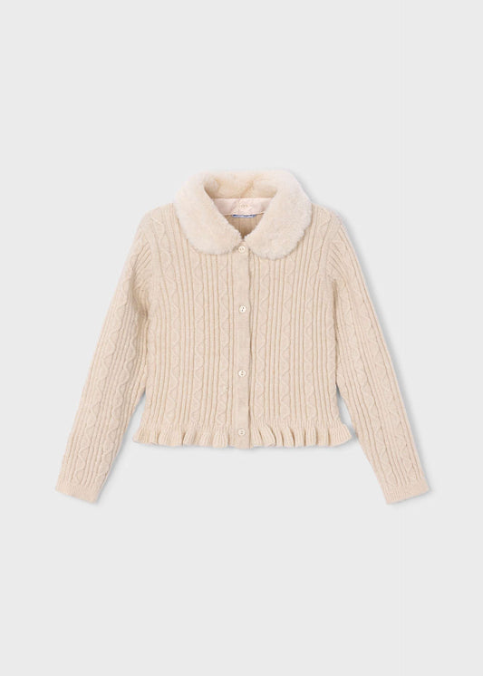 Girls' knitted cardigan with fur collar