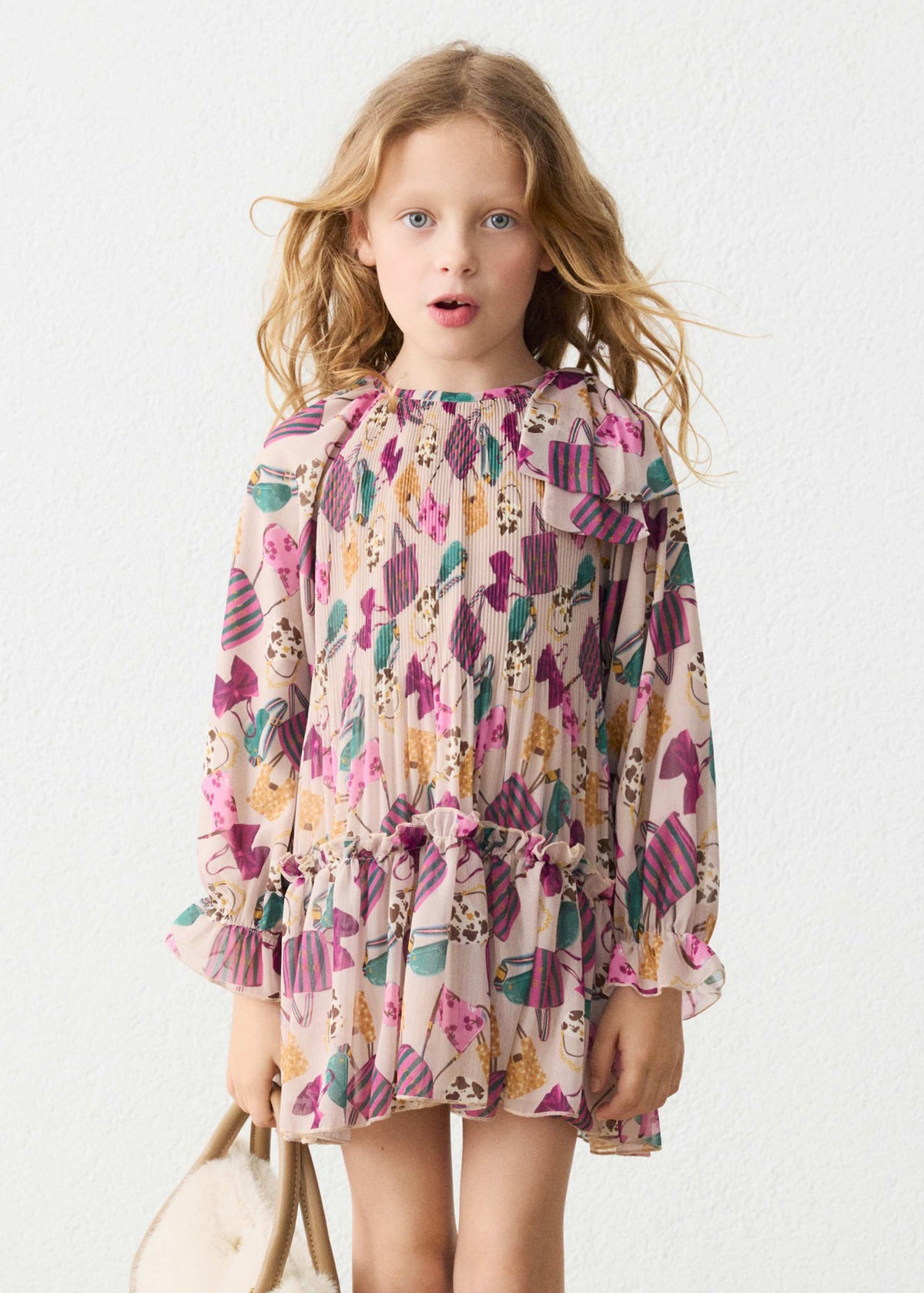 Printed pleated dress for girls