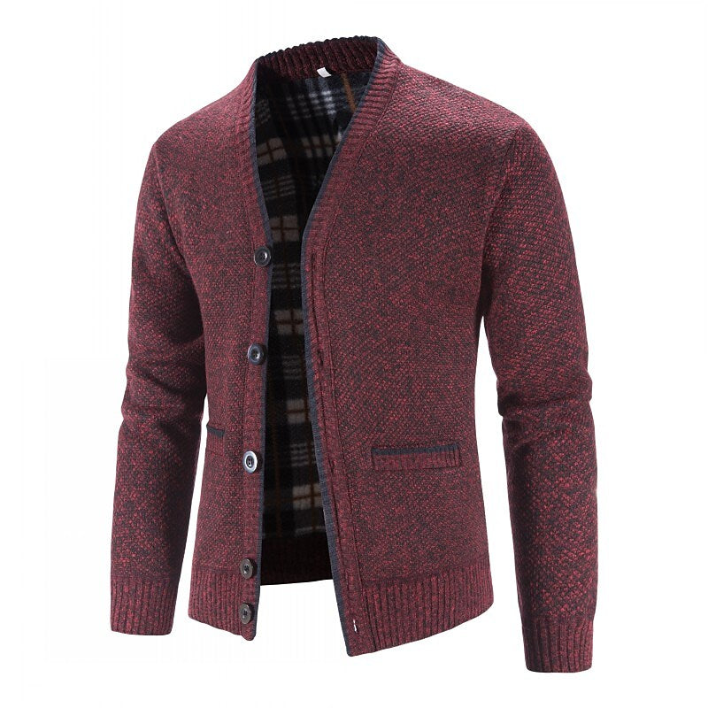 Men's Knitted V-Neck Button Down Cardigan Sweater With Flannel Lining And Pockets