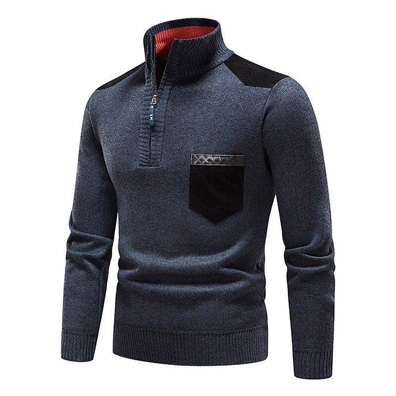 Herren Stehkragen Color Block Fleece-Pullover mit halbem Reißverschluss